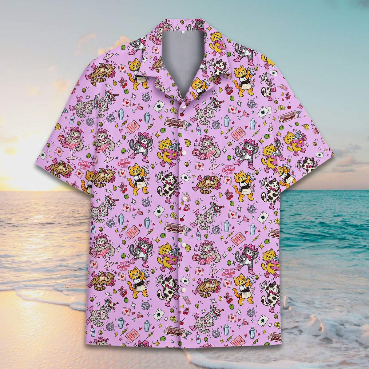 Multicolor front perspective of the retro drinks and lounge shirt design