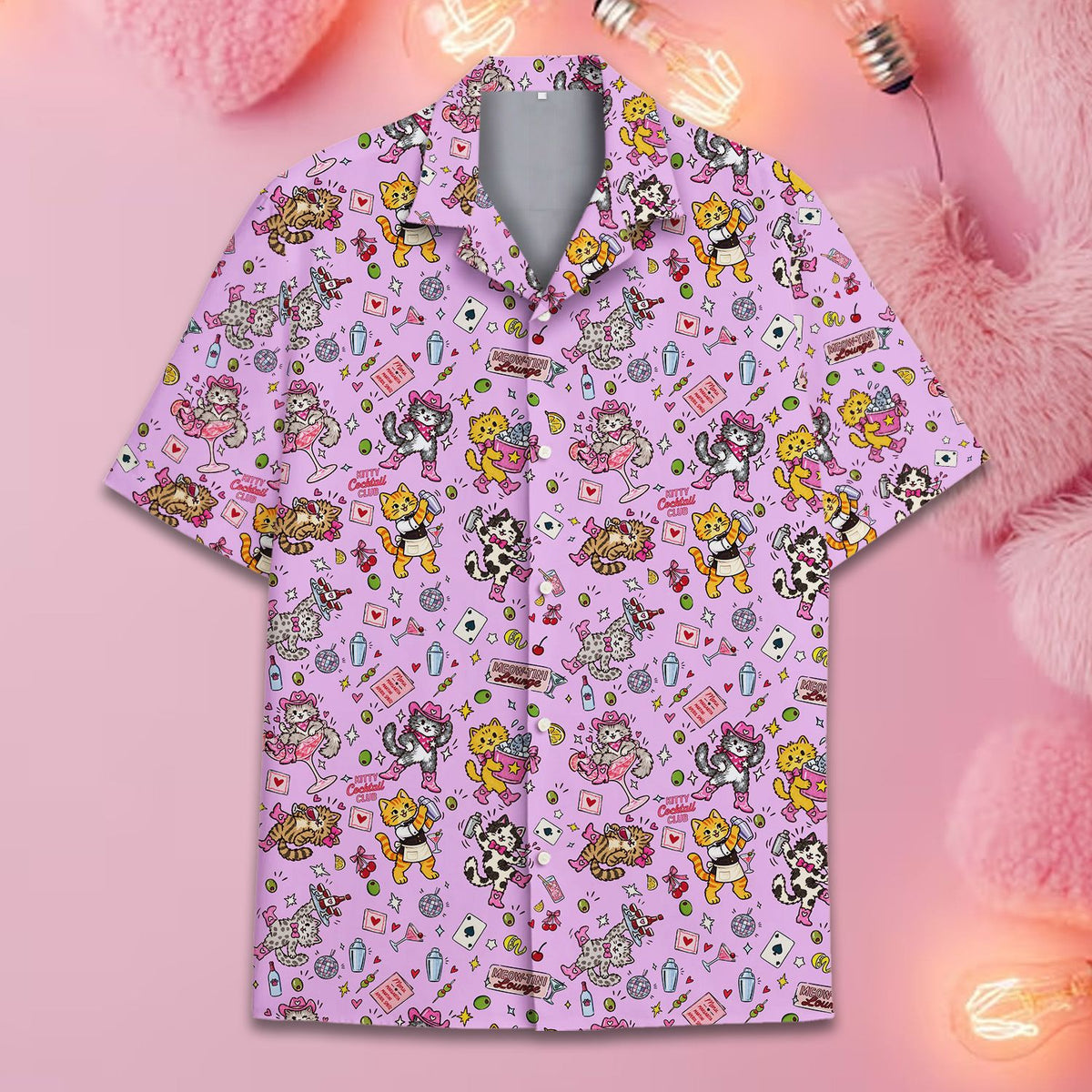 Detailed front view showing retro lounge graphics on a pink button-down shirt