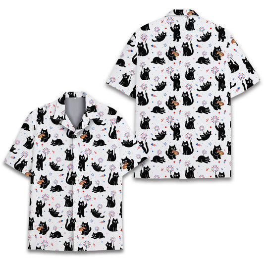 White fireworks hawaiian shirt featuring black cats and hot dogs, main view