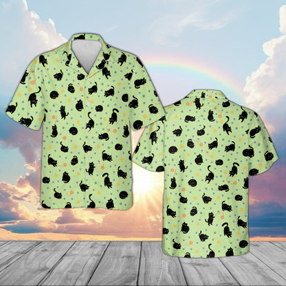 Matching family Hawaiian shirt in green featuring a playful cat and yarn pattern front view