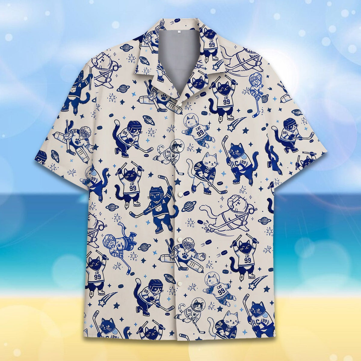 Detailed front view of the cats and hockey hawaiian shirt