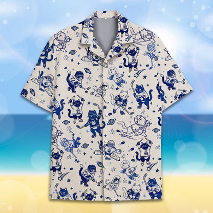 Detailed front view of the cats and hockey hawaiian shirt