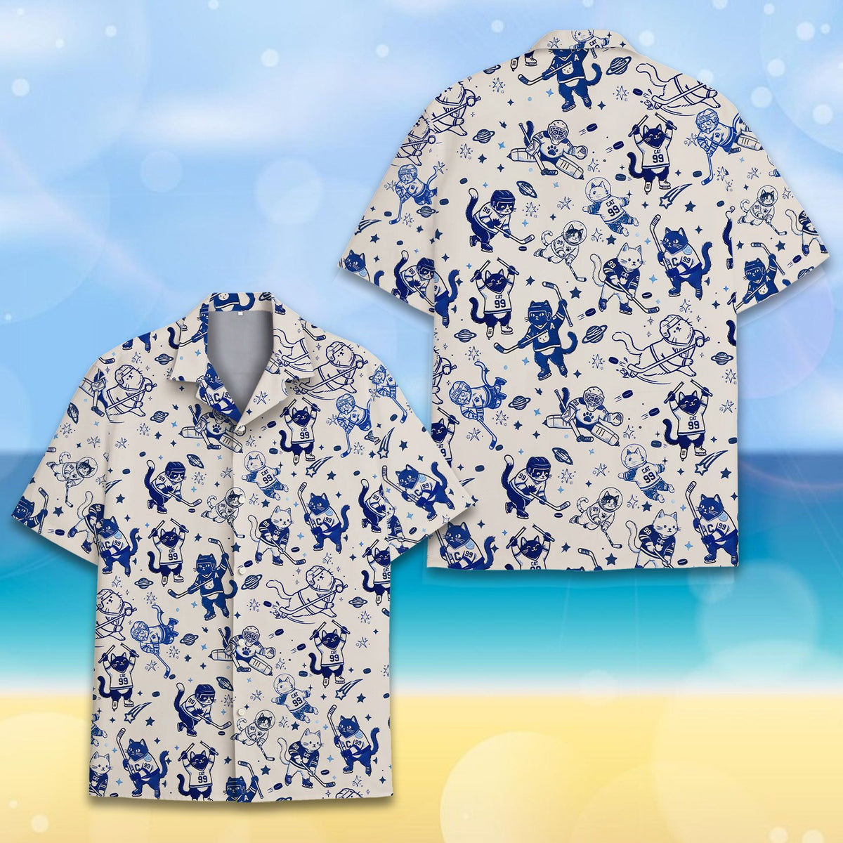 Close-up front view of the navy blue line-art on the hockey hawaiian shirt