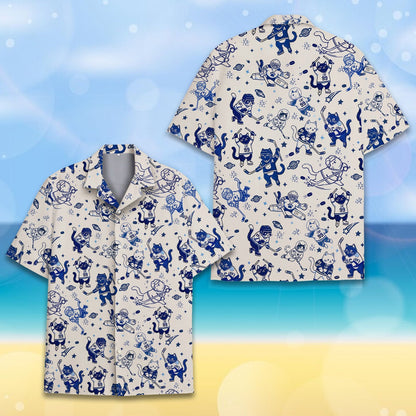 Close-up front view of the navy blue line-art on the hockey hawaiian shirt