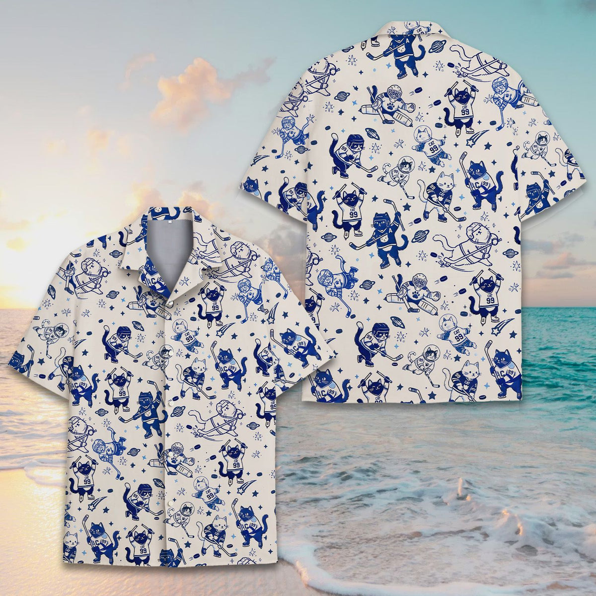 Additional front view of the space cats hockey hawaiian shirt