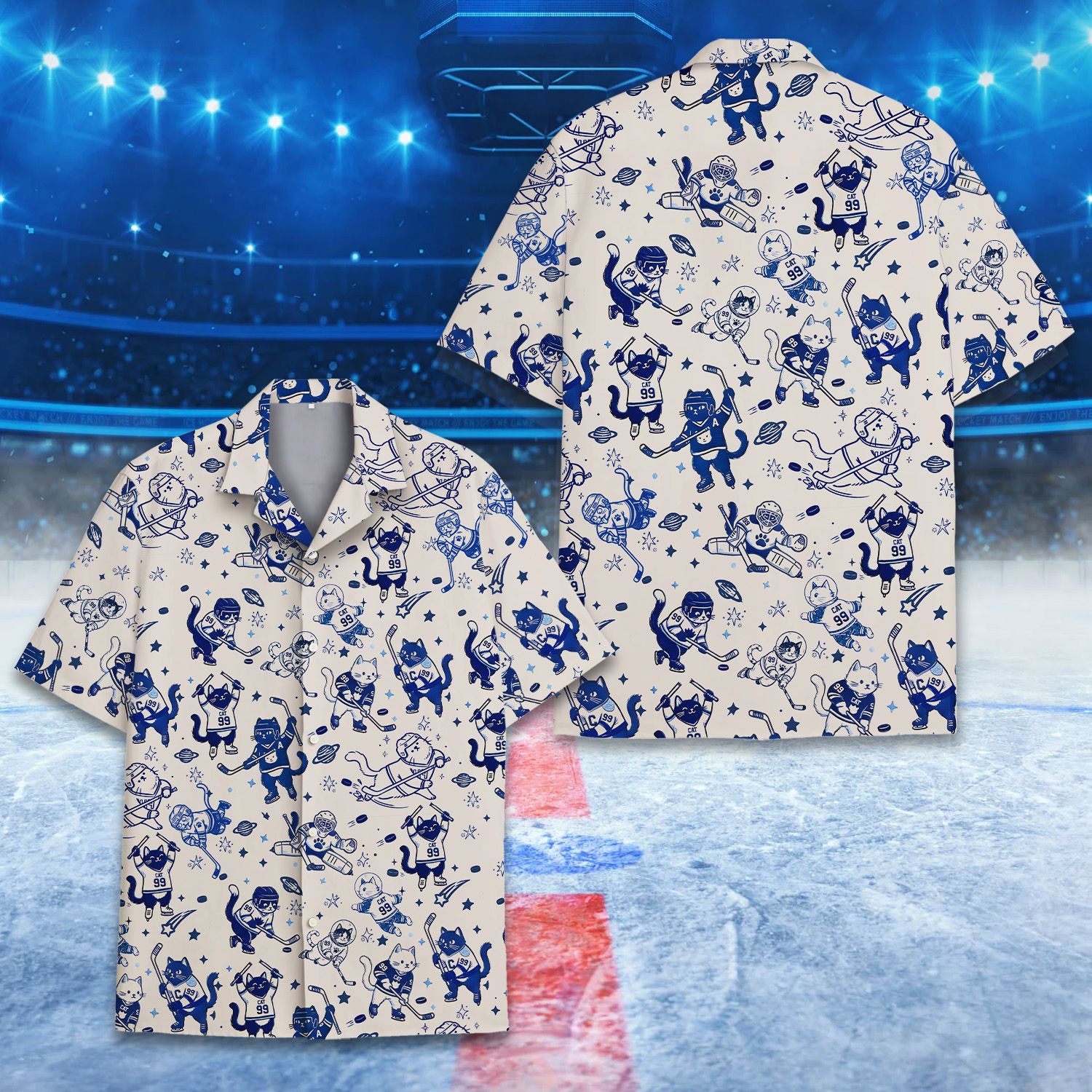 Front view of the beige matching family hawaiian shirt with hockey cats design