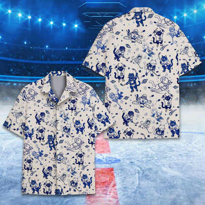 Front view of the beige matching family hawaiian shirt with hockey cats design
