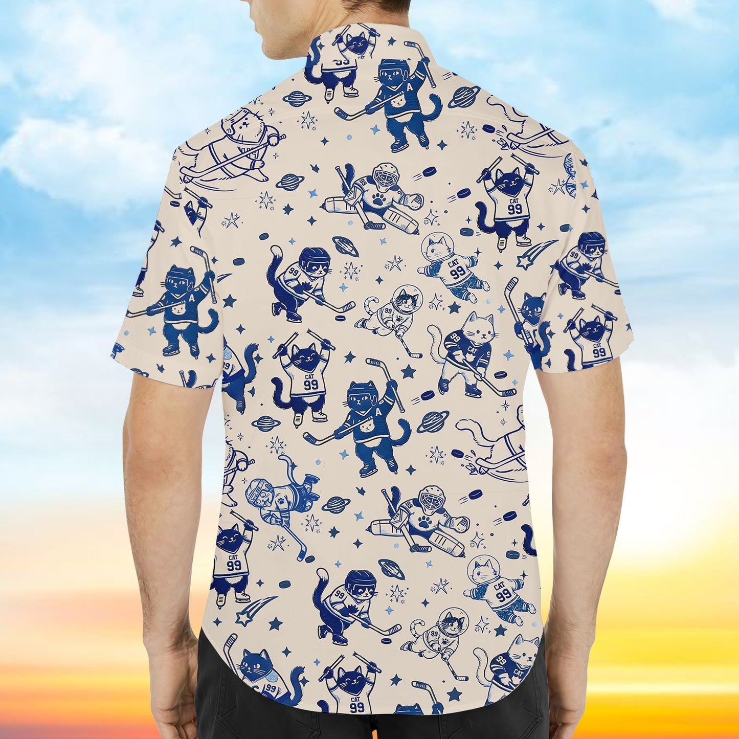 Group wearing matching family hawaiian shirts featuring hockey cats