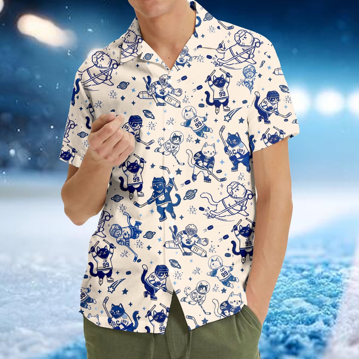 Lifestyle view showing the hockey hawaiian shirt being worn