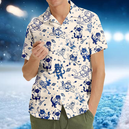 Lifestyle view showing the hockey hawaiian shirt being worn