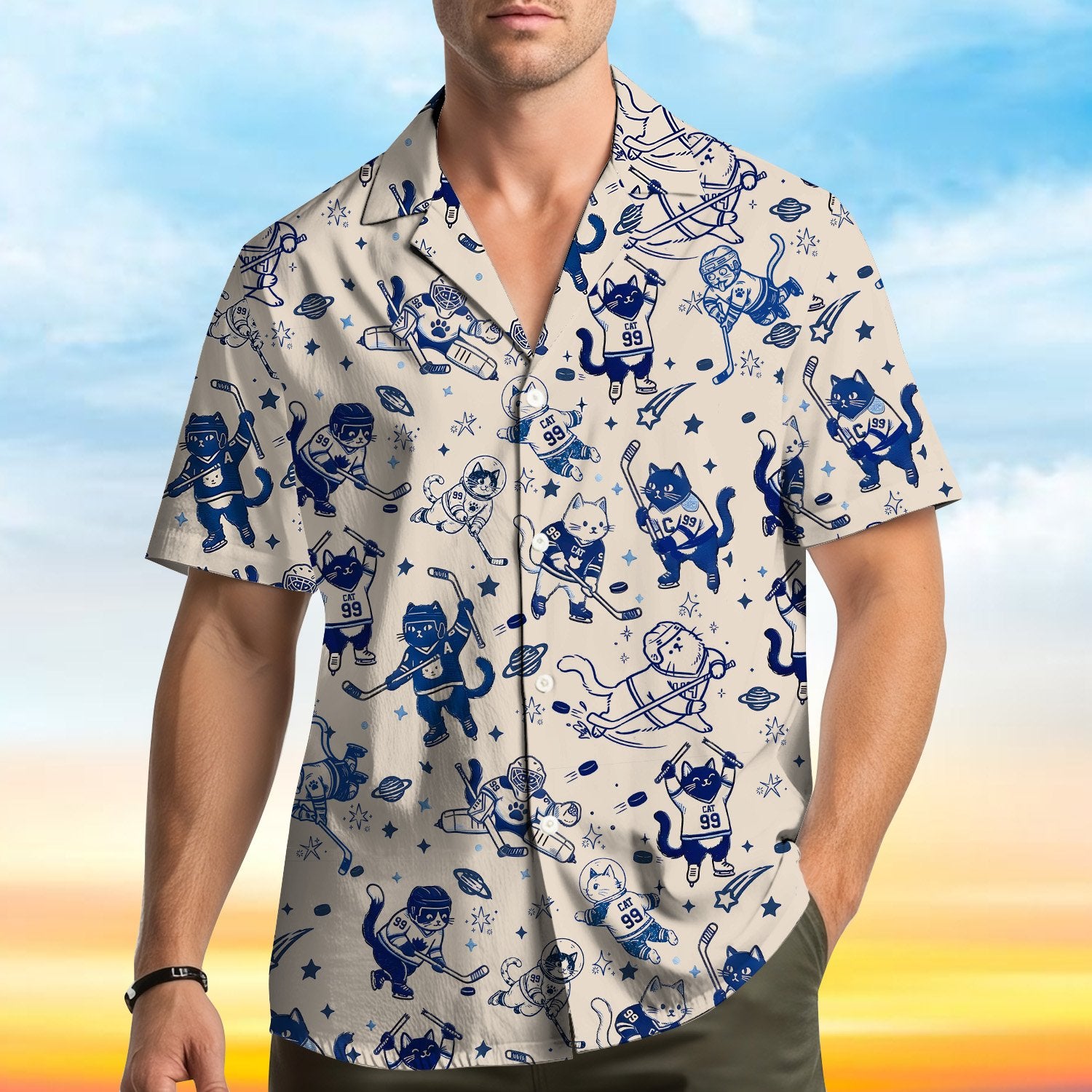 Family wearing matching cats and hockey hawaiian shirts in a lifestyle setting