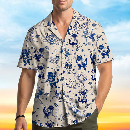 Family wearing matching cats and hockey hawaiian shirts in a lifestyle setting