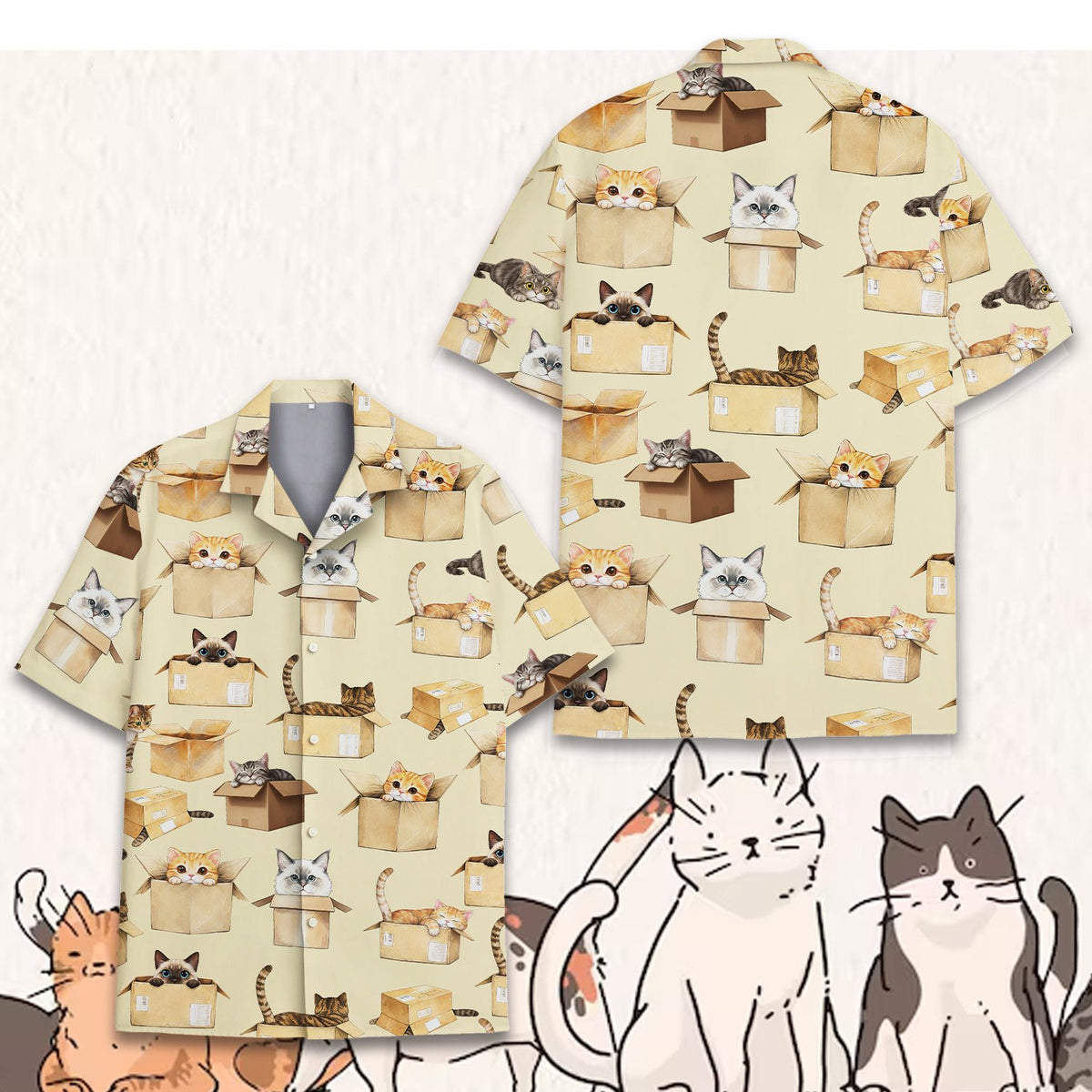 Detailed front view of the kittens and boxes hawaiian shirt