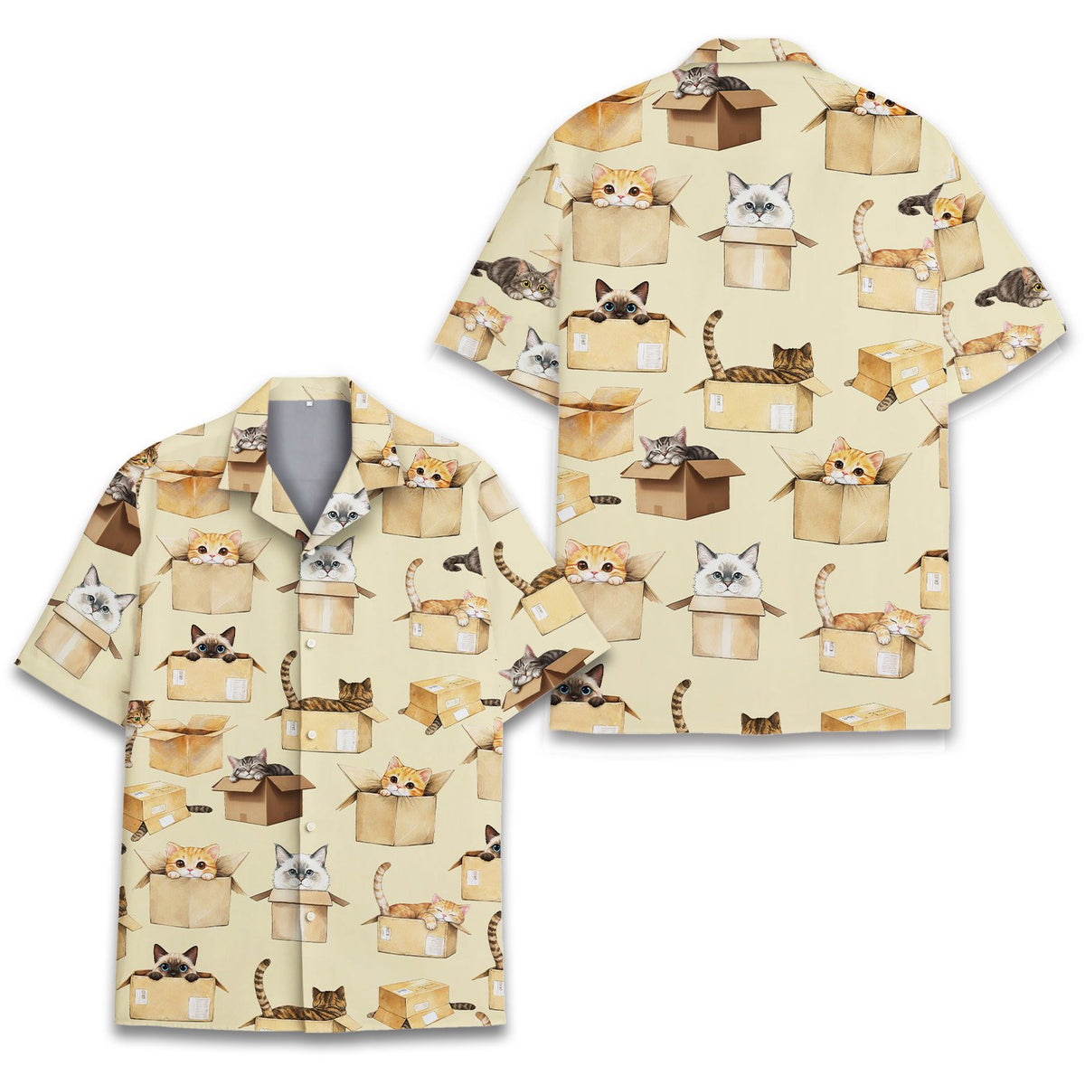 Close-up front view of the kittens and boxes hawaiian shirt