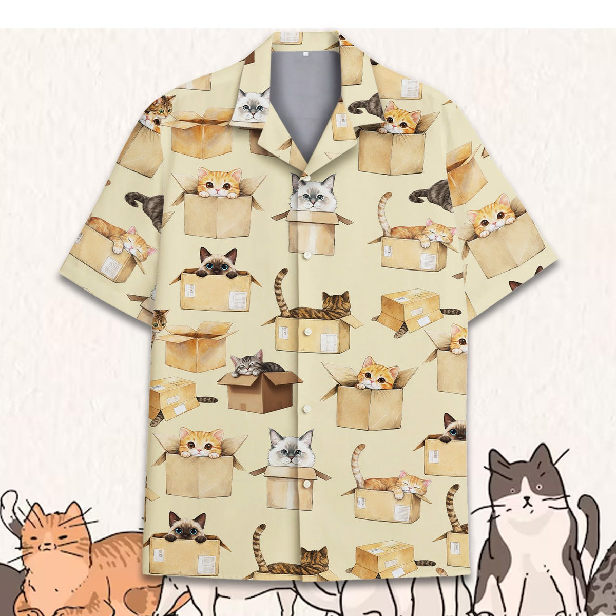 Front view of the kittens and boxes hawaiian shirt