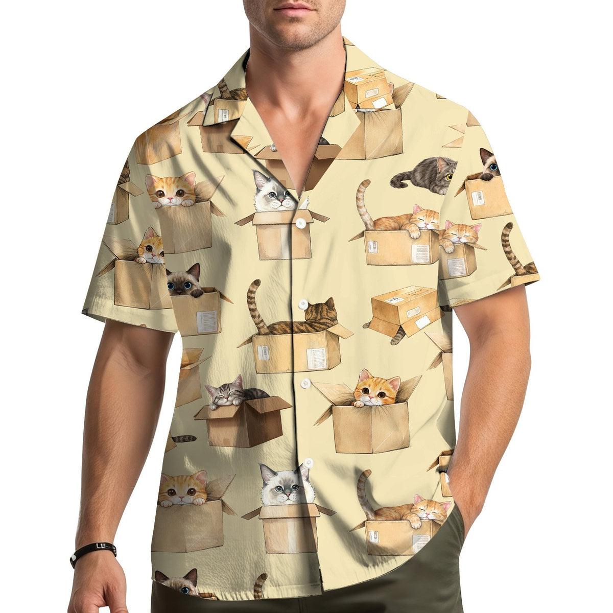 Second lifestyle view of a person wearing the boxes hawaiian shirt outdoors