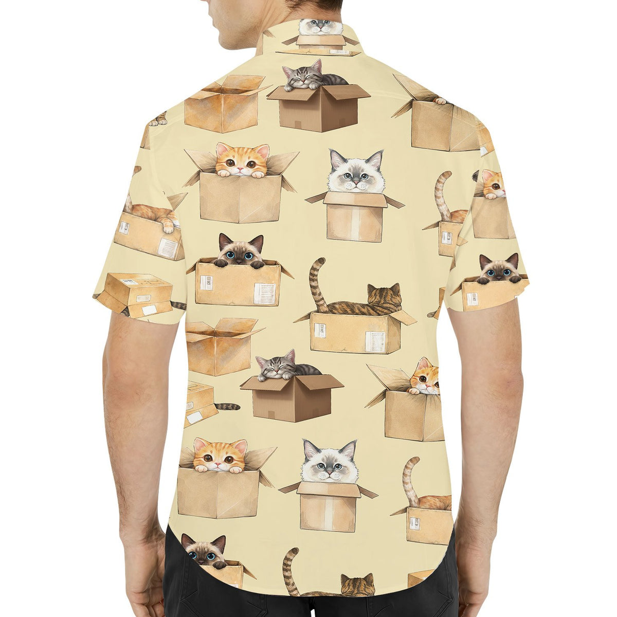 Third lifestyle view of a person wearing the matching family hawaiian shirts style