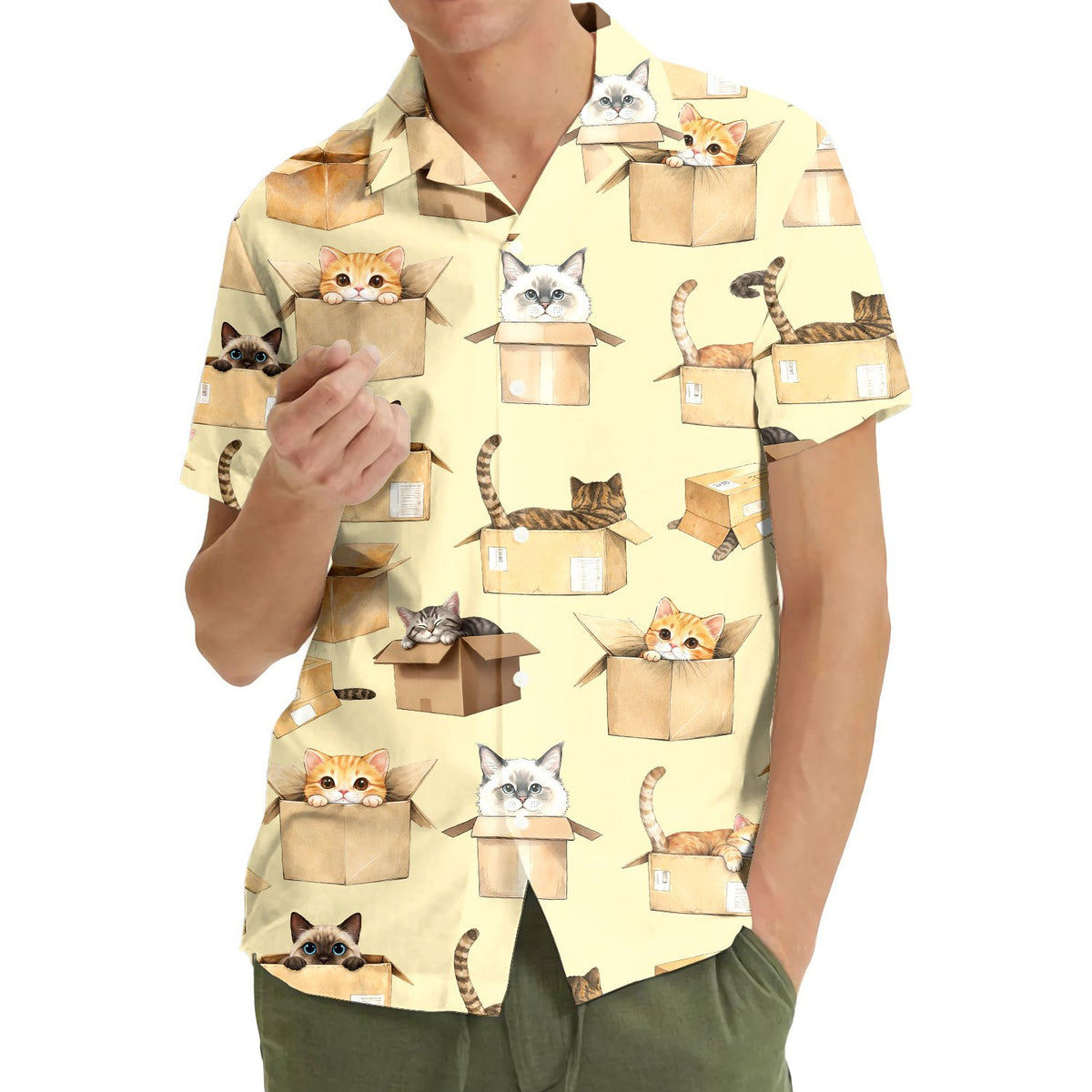 Lifestyle view of a person wearing the boxes hawaiian shirt outdoors