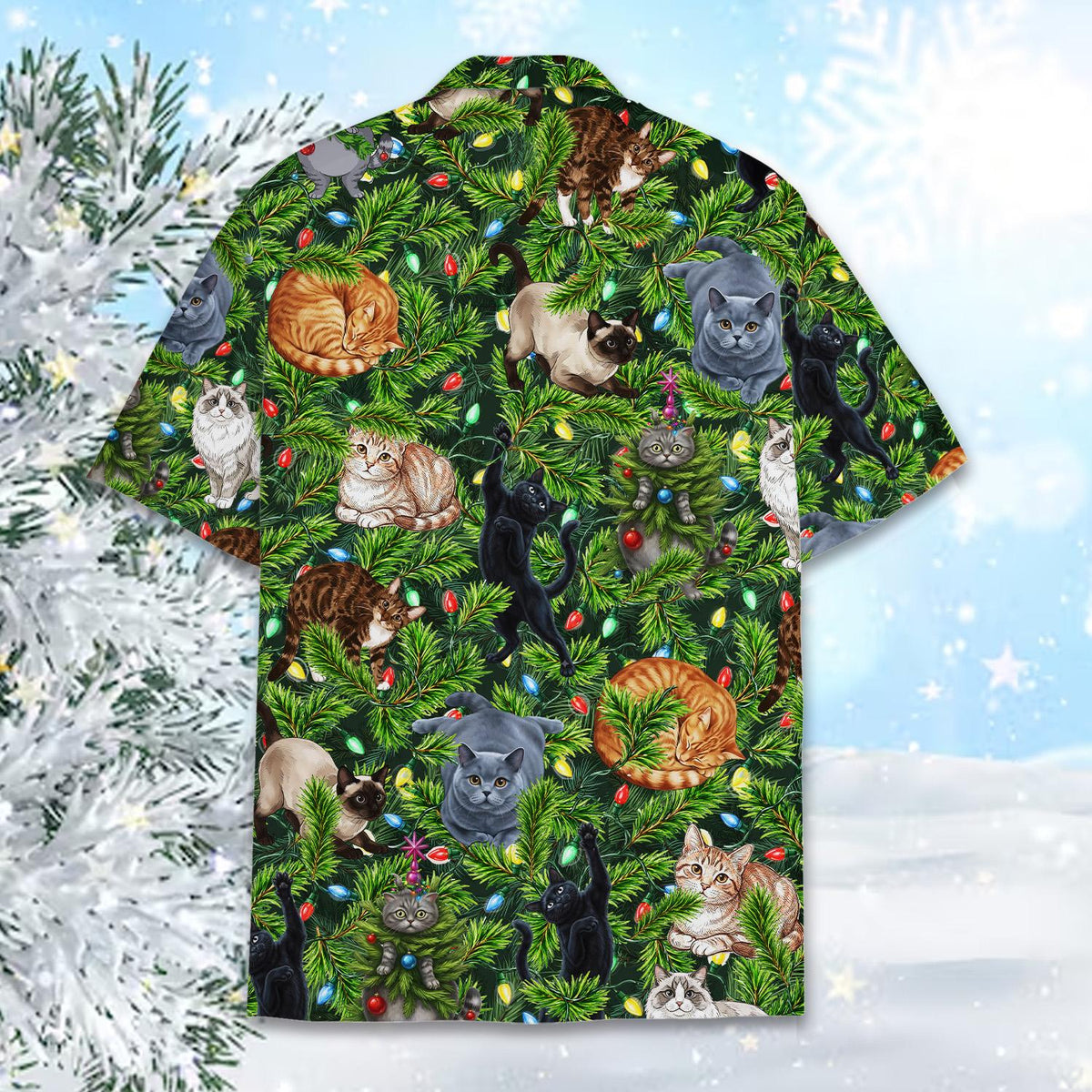 Alternate back view of the cats in Christmas tree Hawaiian shirt