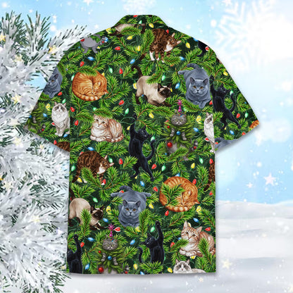 Alternate back view of the cats in Christmas tree Hawaiian shirt