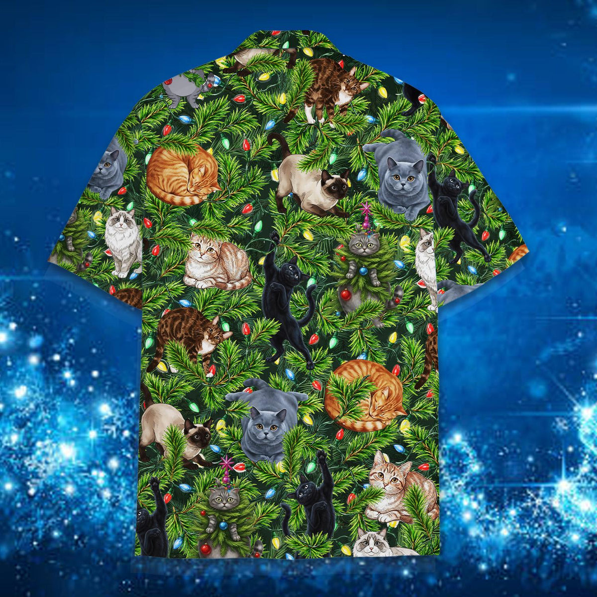 Third back view of the cats in Christmas tree Hawaiian shirt
