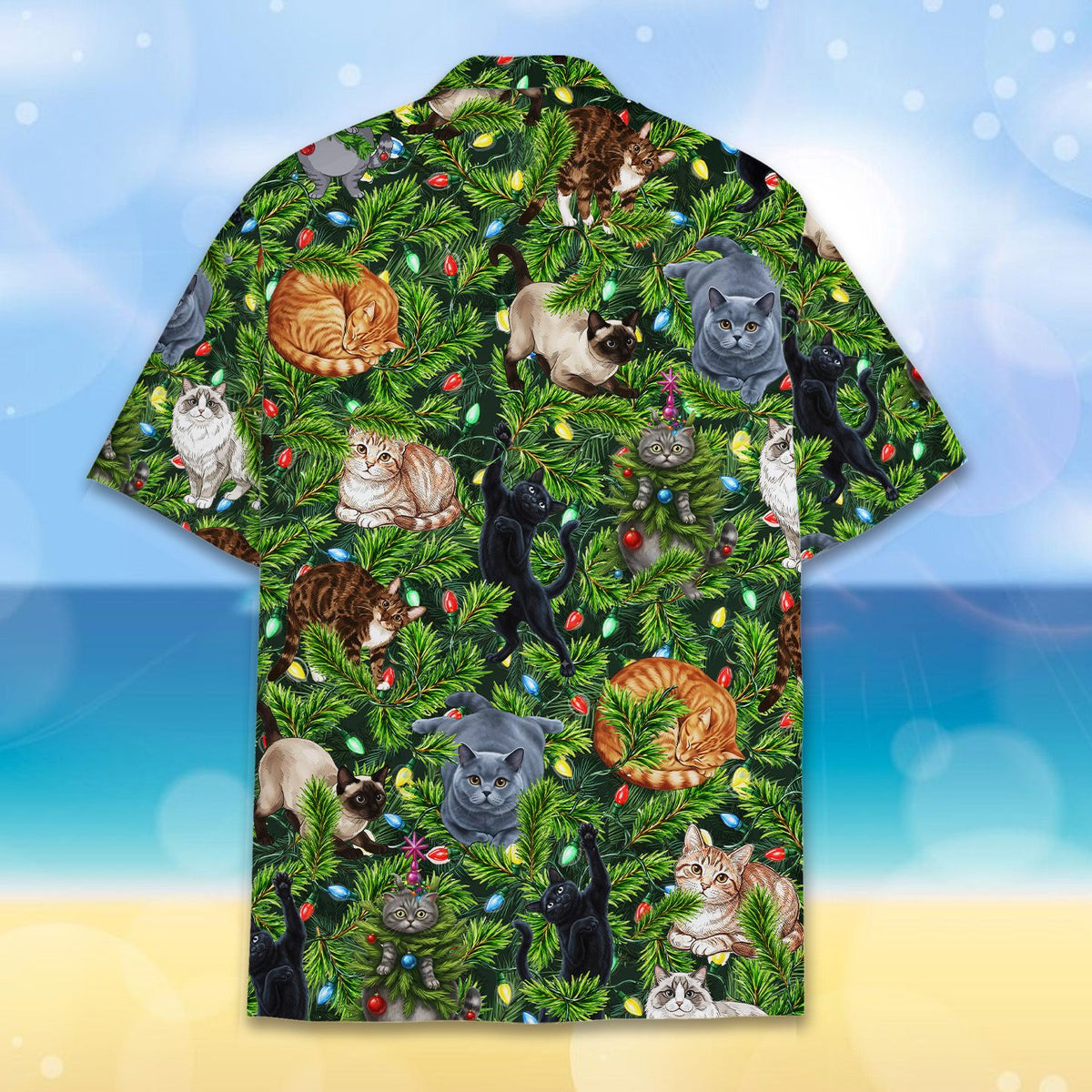 Fourth back view of the cats in Christmas tree Hawaiian shirt
