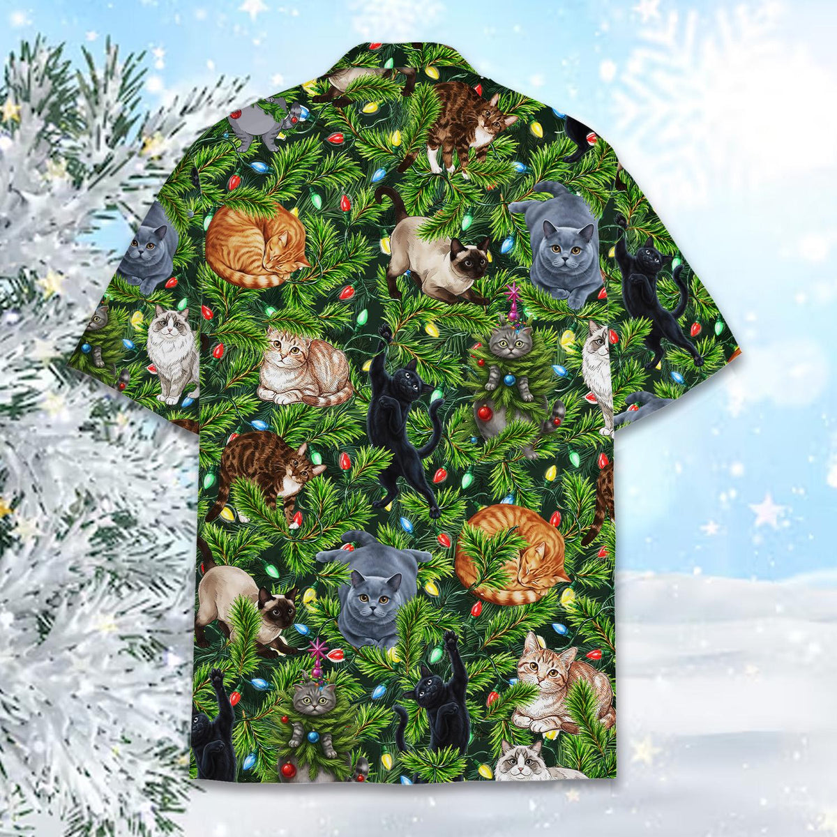 Back view of the cats in Christmas tree Hawaiian shirt