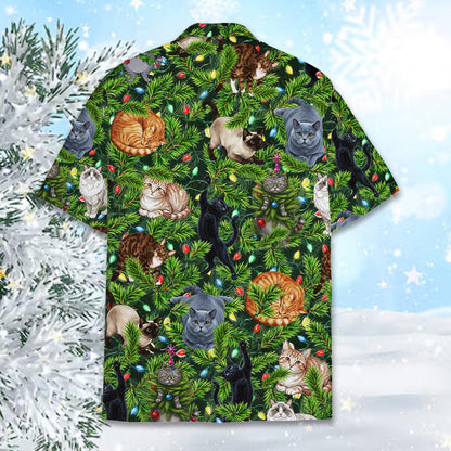 Back view of the cats in Christmas tree Hawaiian shirt