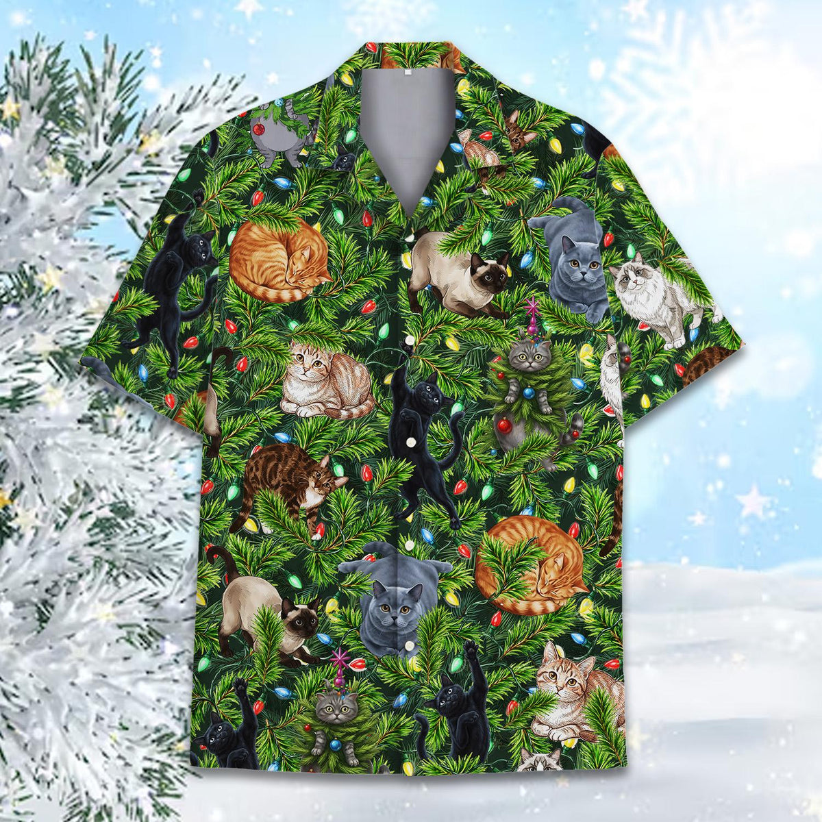 Alternate front view of the cats in Christmas tree Hawaiian shirt
