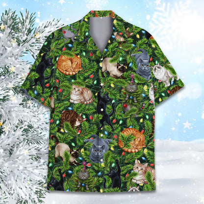 Alternate front view of the cats in Christmas tree Hawaiian shirt