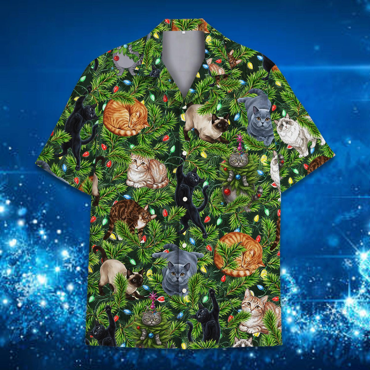 Matching family Hawaiian shirts featuring cats in a green Christmas tree, main view