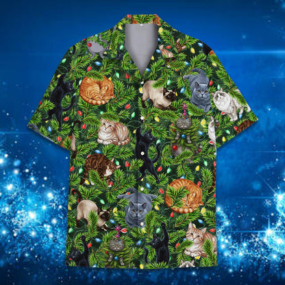 Matching family Hawaiian shirts featuring cats in a green Christmas tree, main view