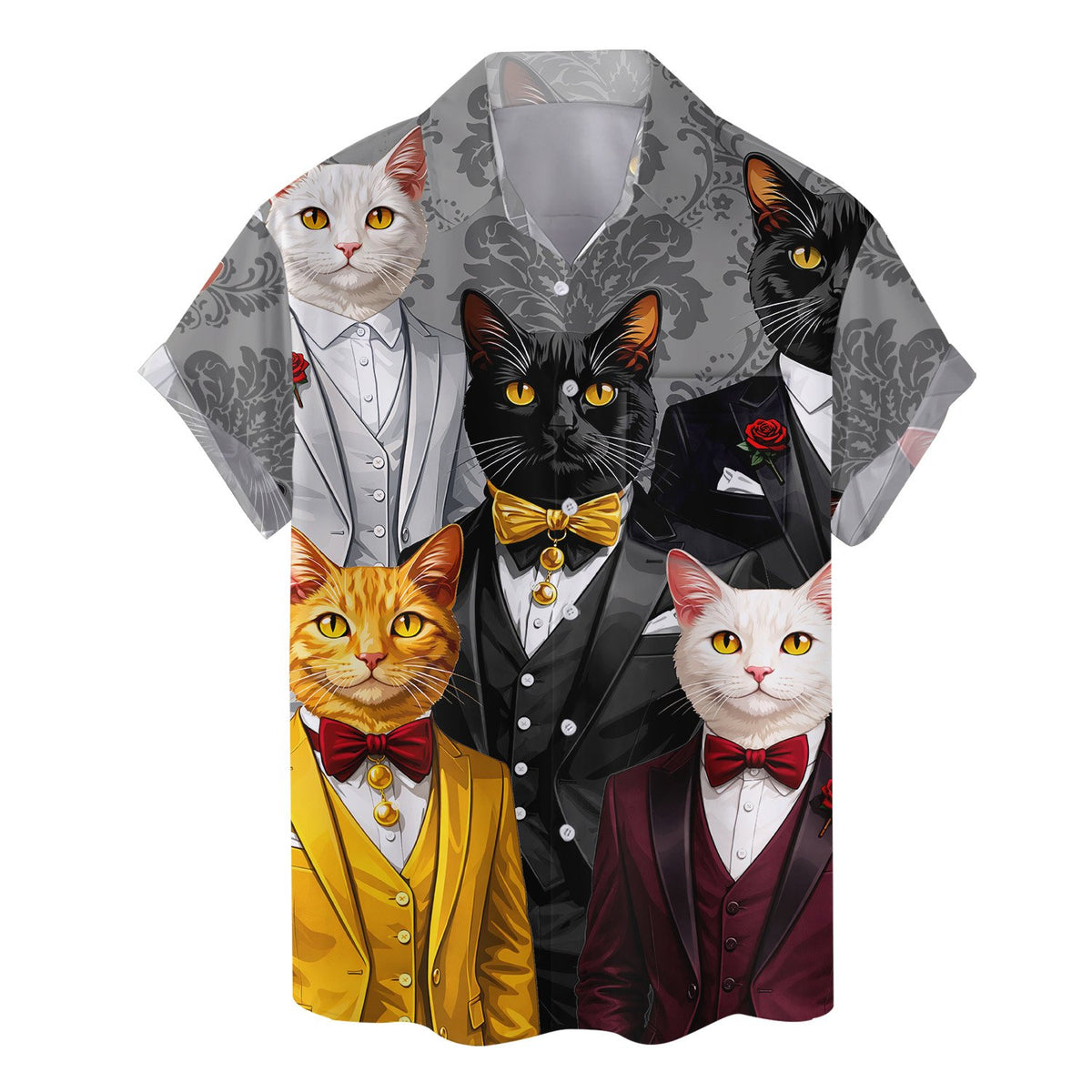 Detailed front view showing the stylized cats in suits pattern
