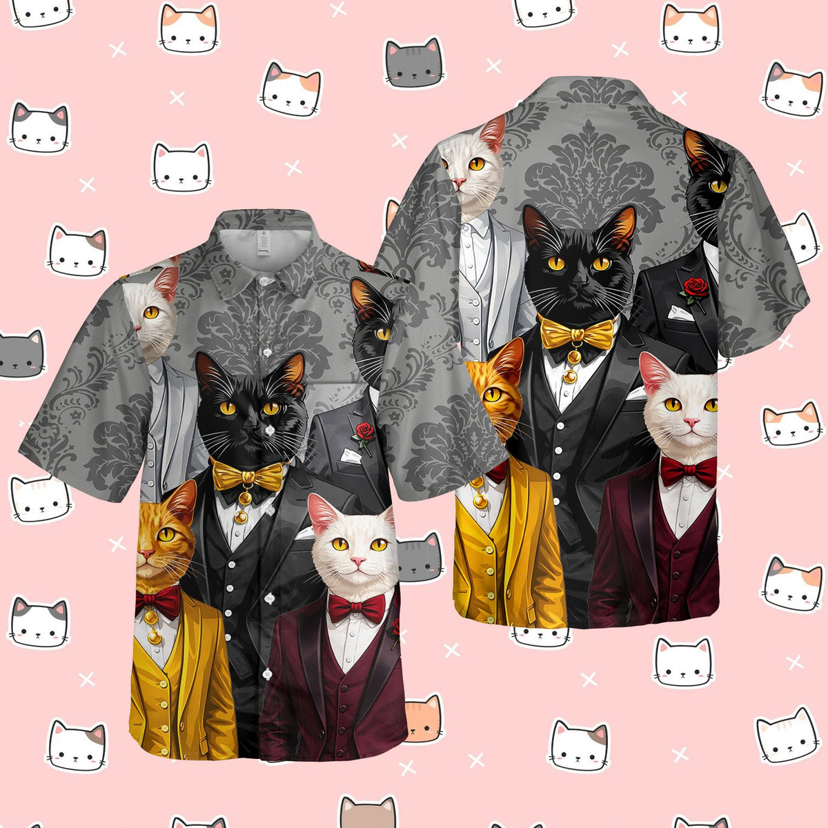 Another front view highlighting the gray damask background and feline design
