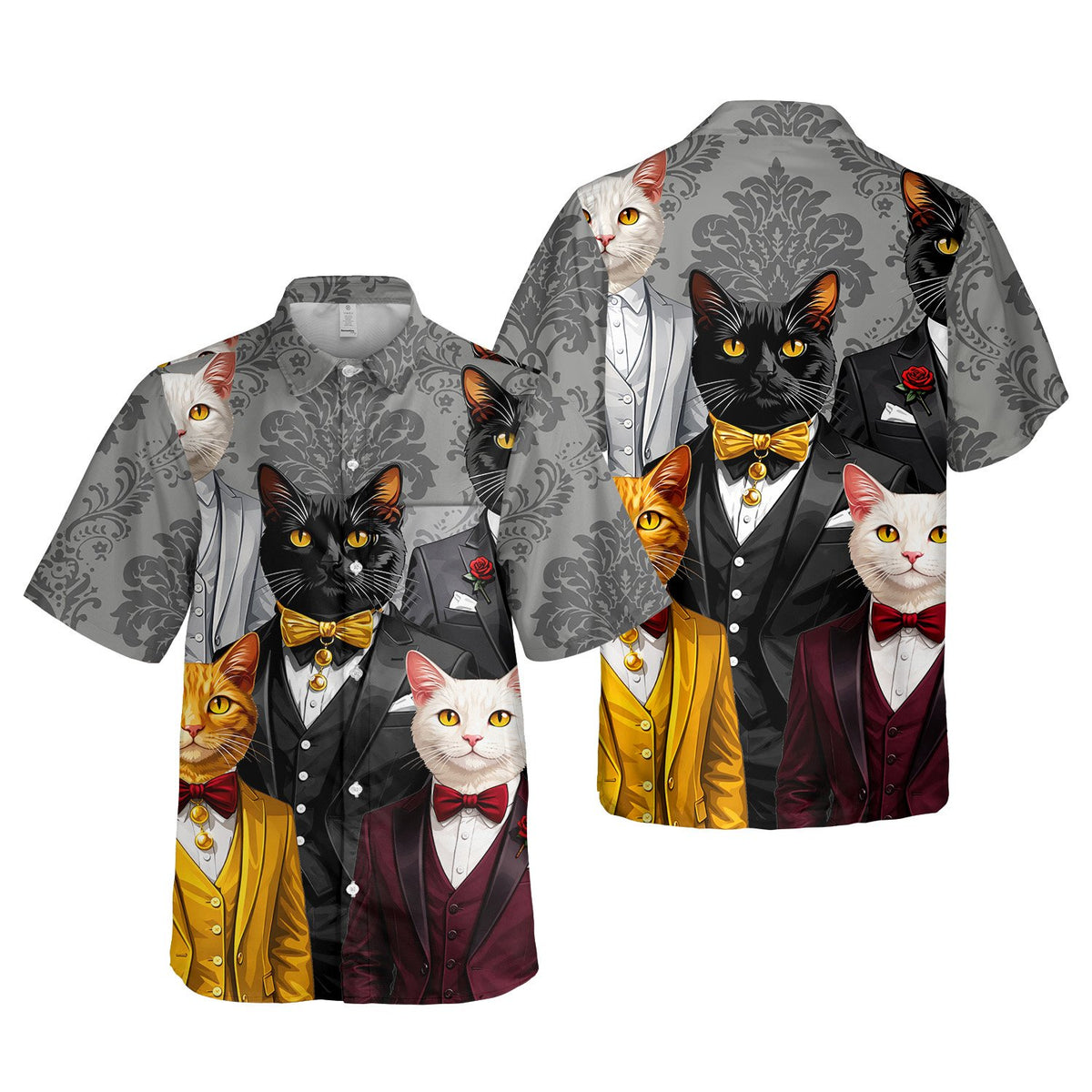 Full front view displaying the complete all-over feline suit print