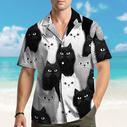Detailed back view of the fluffy cats hawaiian shirt