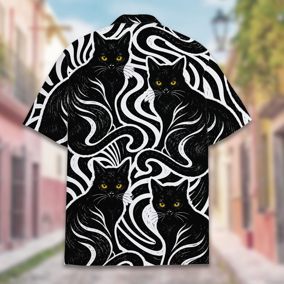 Another back view of the black and white cat hawaiian shirt