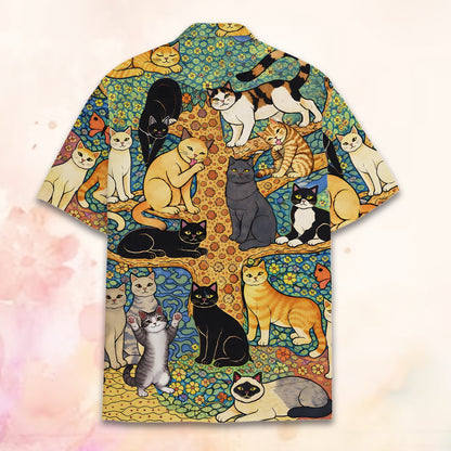 Back view of the folk art cats hawaiian shirt alternate angle