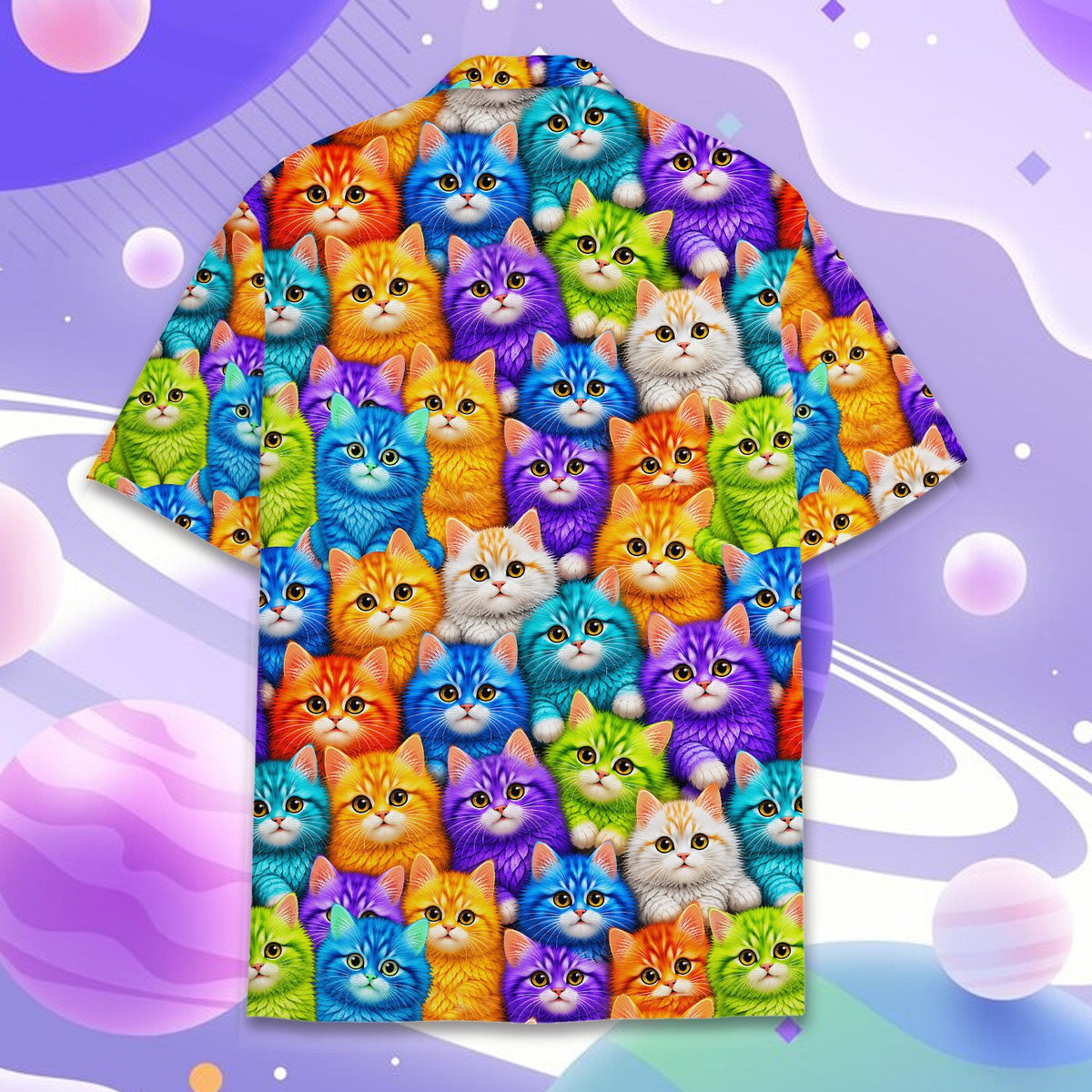 Alternate back view of the multicolor cats hawaiian shirt