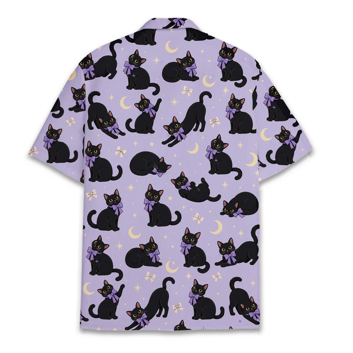 Detailed back view showing the black cats and crescent moons pattern