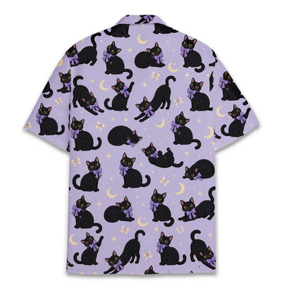Detailed back view showing the black cats and crescent moons pattern
