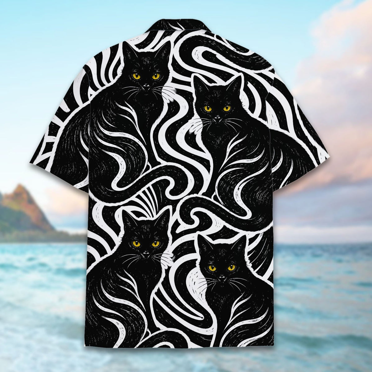 Back detail of abstract black cats family hawaiian shirt