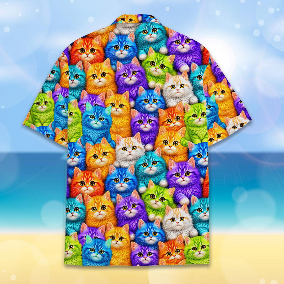 Detailed back view of the fluffy kittens pattern hawaiian shirt