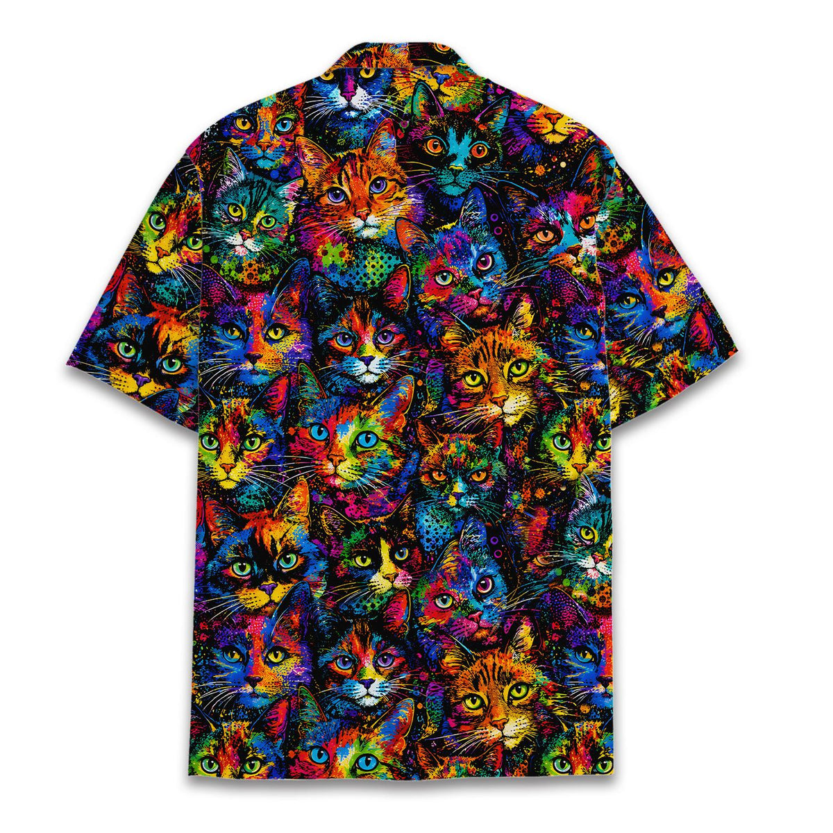 Back view of the matching family hawaiian shirt with psychedelic cat design