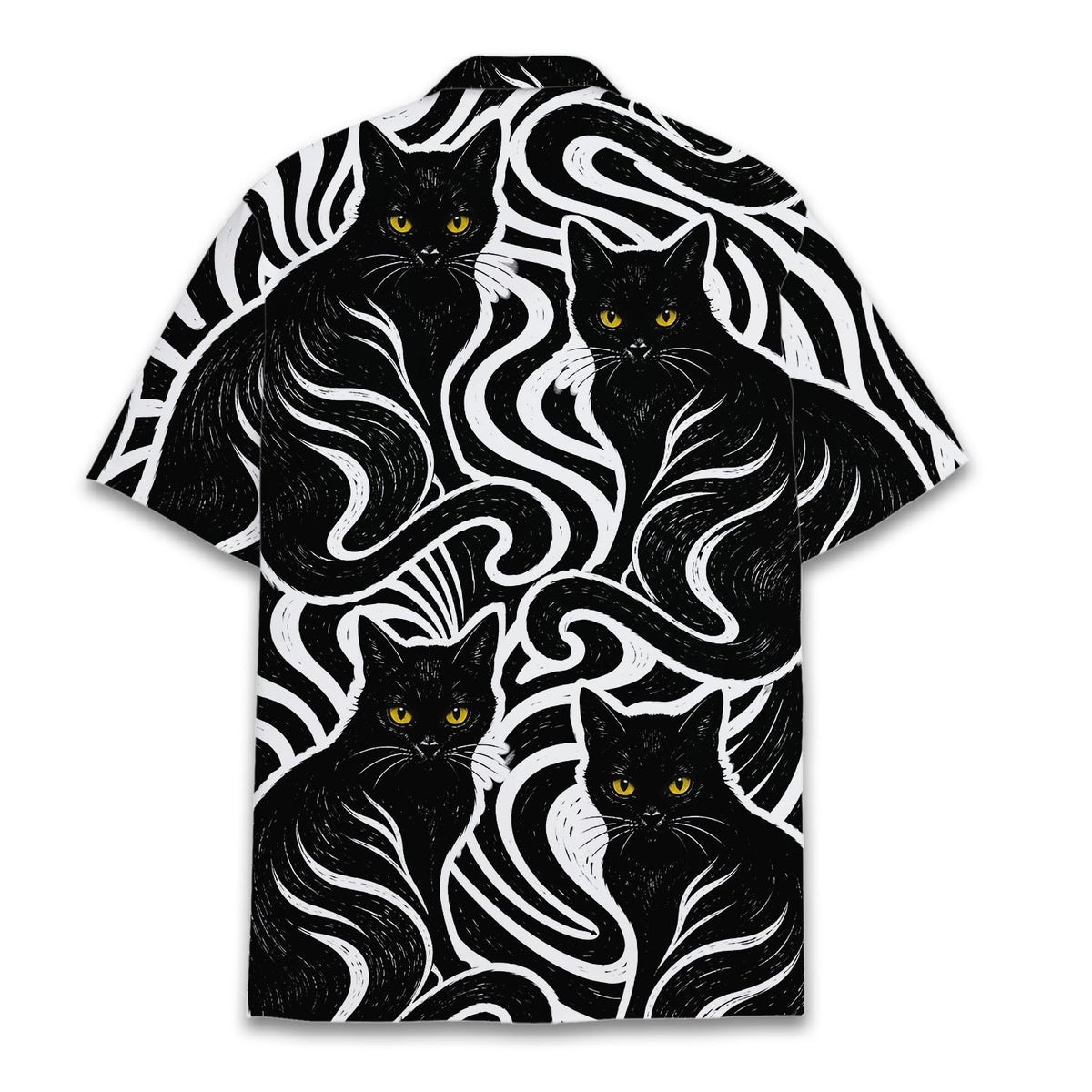 Back view of matching family hawaiian shirts with abstract black cats