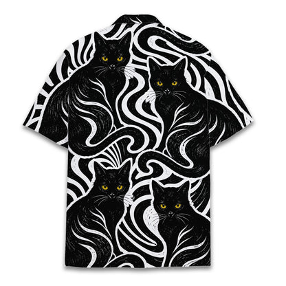 Back view of matching family hawaiian shirts with abstract black cats
