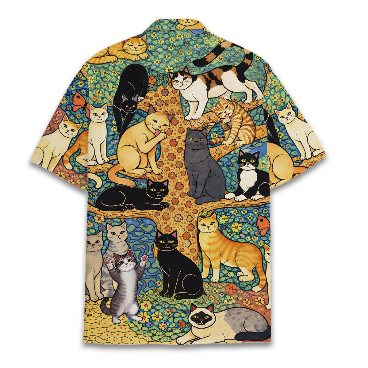 Back view of the folk art cats hawaiian shirt
