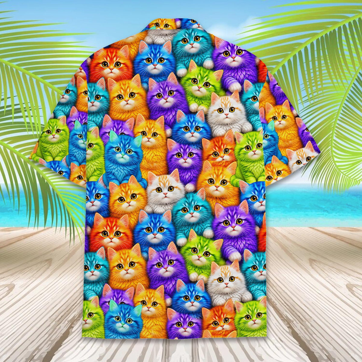 Back view of the vibrant rainbow kittens hawaiian shirt
