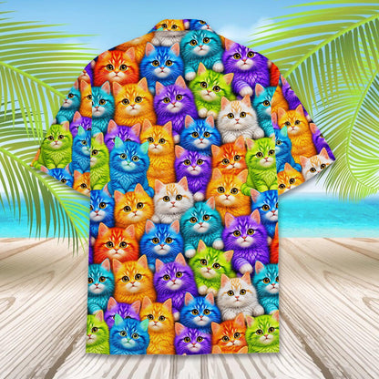 Back view of the vibrant rainbow kittens hawaiian shirt