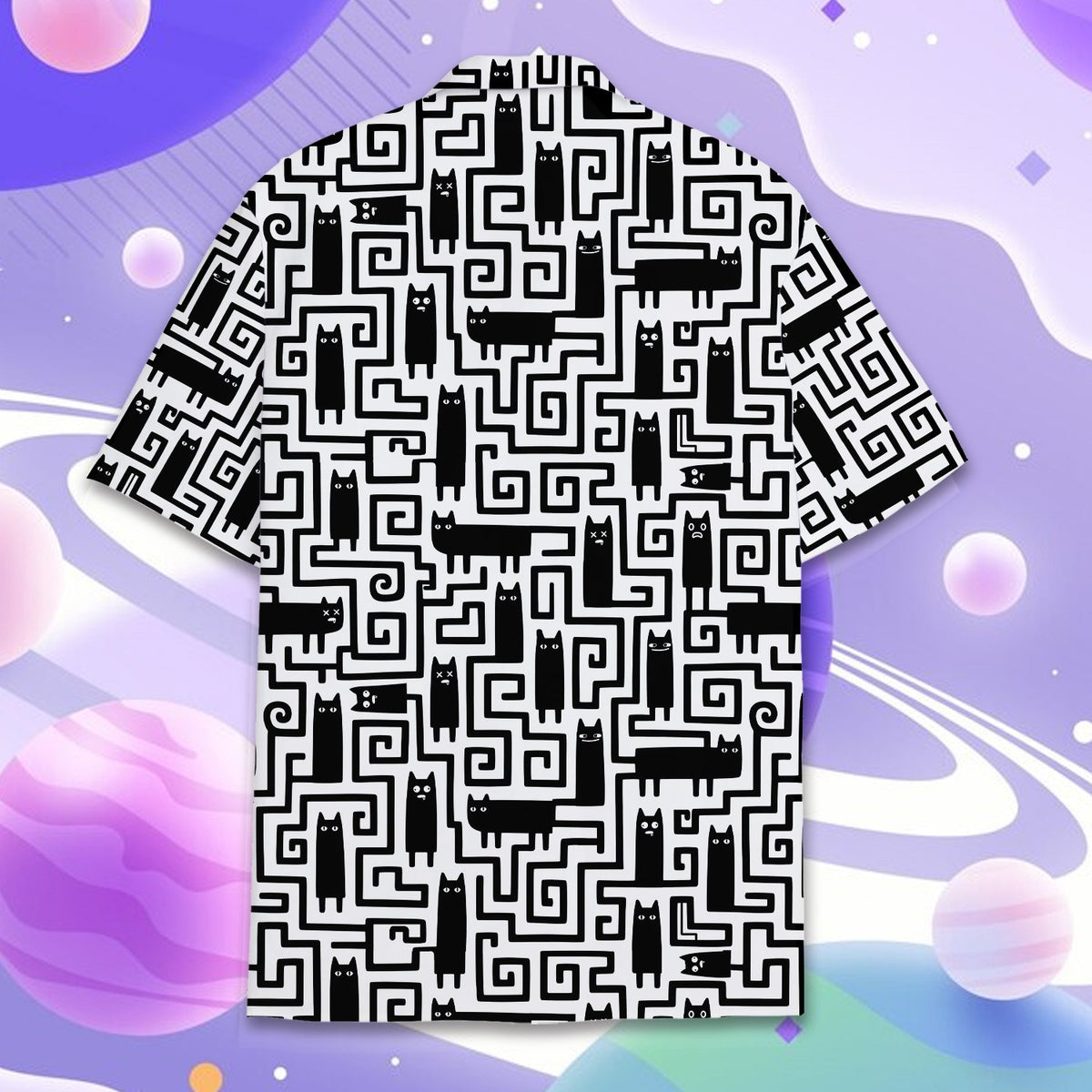 Back view of the black and white cats hawaiian shirt